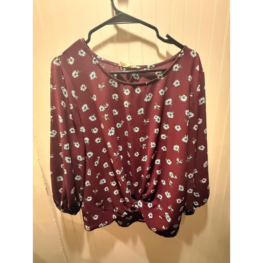 Pink Republic Burgundy Floral Twist Front Blouse 3/4 Sleeve Top Medium